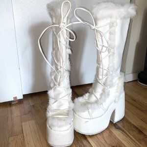 Demonia Sz 9 Knee Boots Camel 311 White Stacked Mammoth Platform Goth Punk EUC